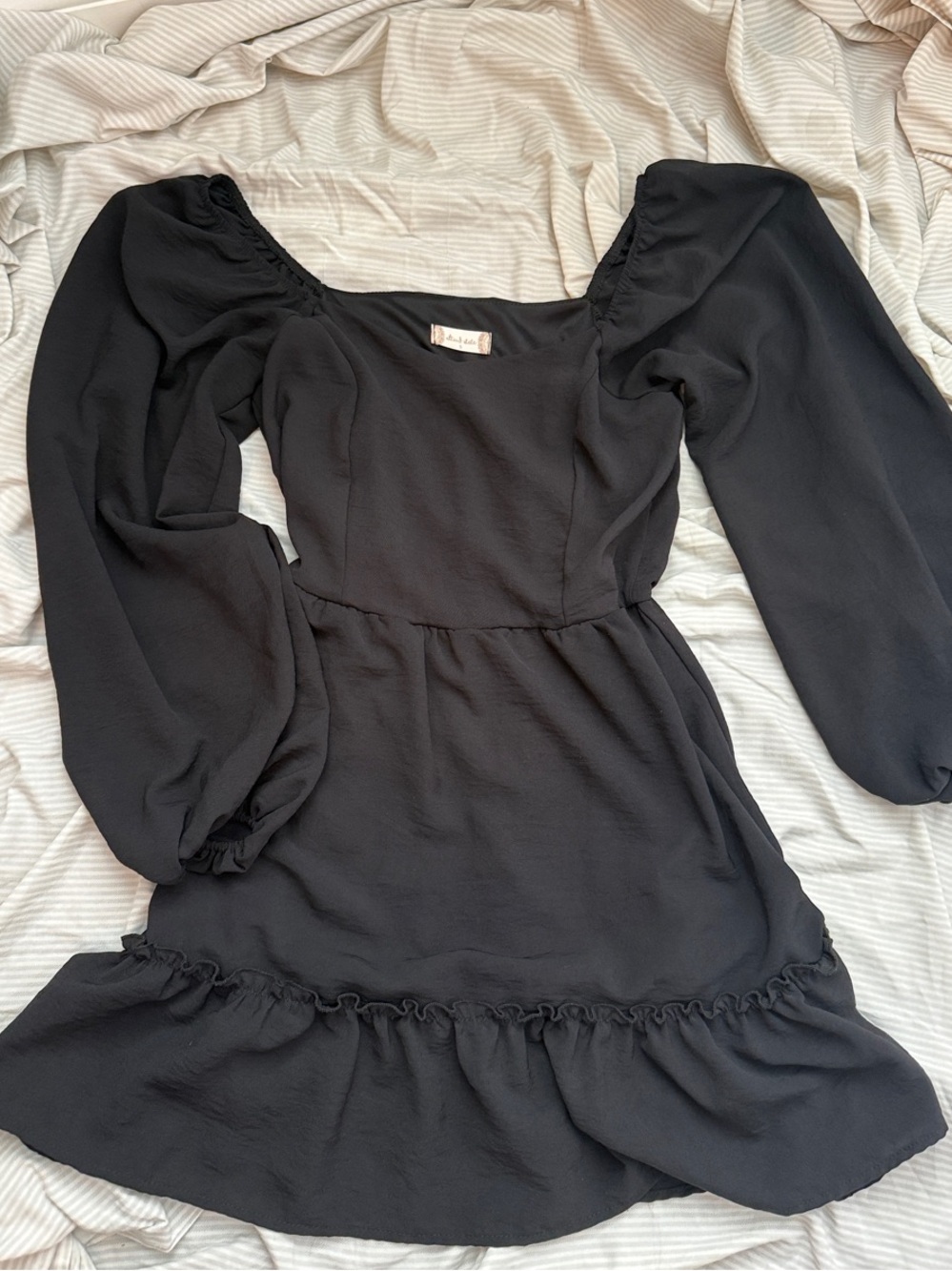 Altar'd State Black Long Sleeve Puff-Sleeve Mini Dress